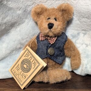 Boyds Bears "Raeburn" Plush Teddy with Denim Vest and Checkered Bow Tie
